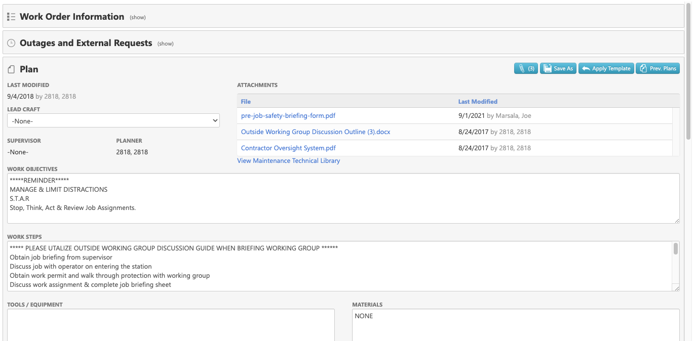 Work order planning details example
